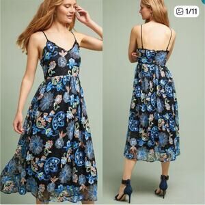 Anthropologie Eli & Ali Embroidered Marlene Floral Midi Dress Blue SZ S